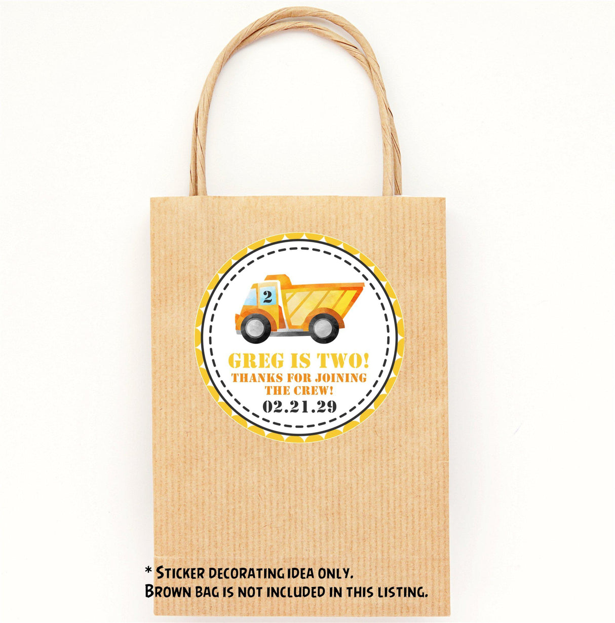 Custom dump truck party favor sticker for kids’ birthdays