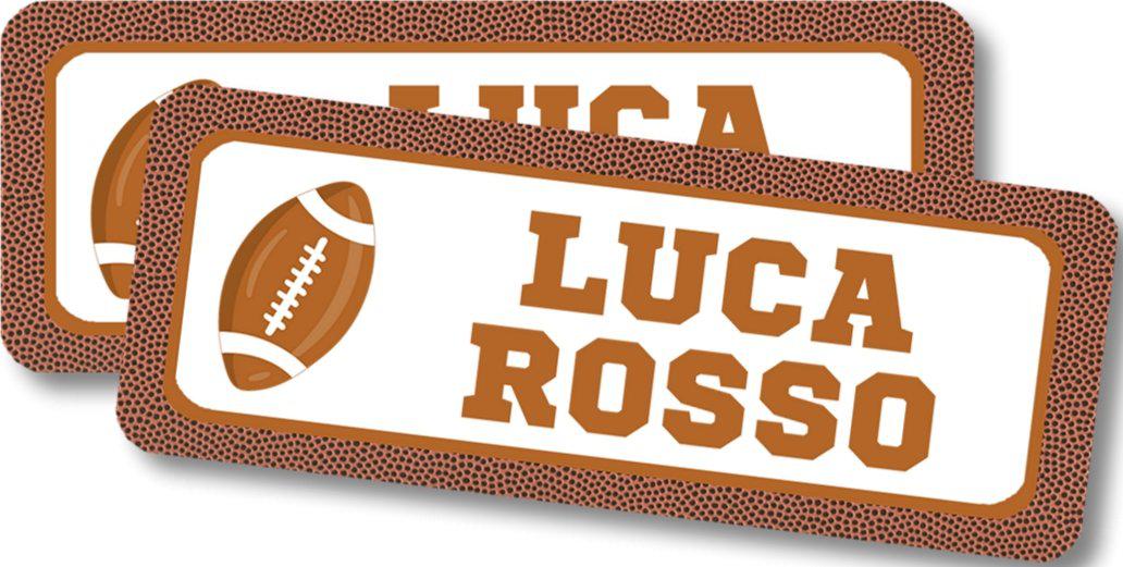 Custom student name label with football illustration