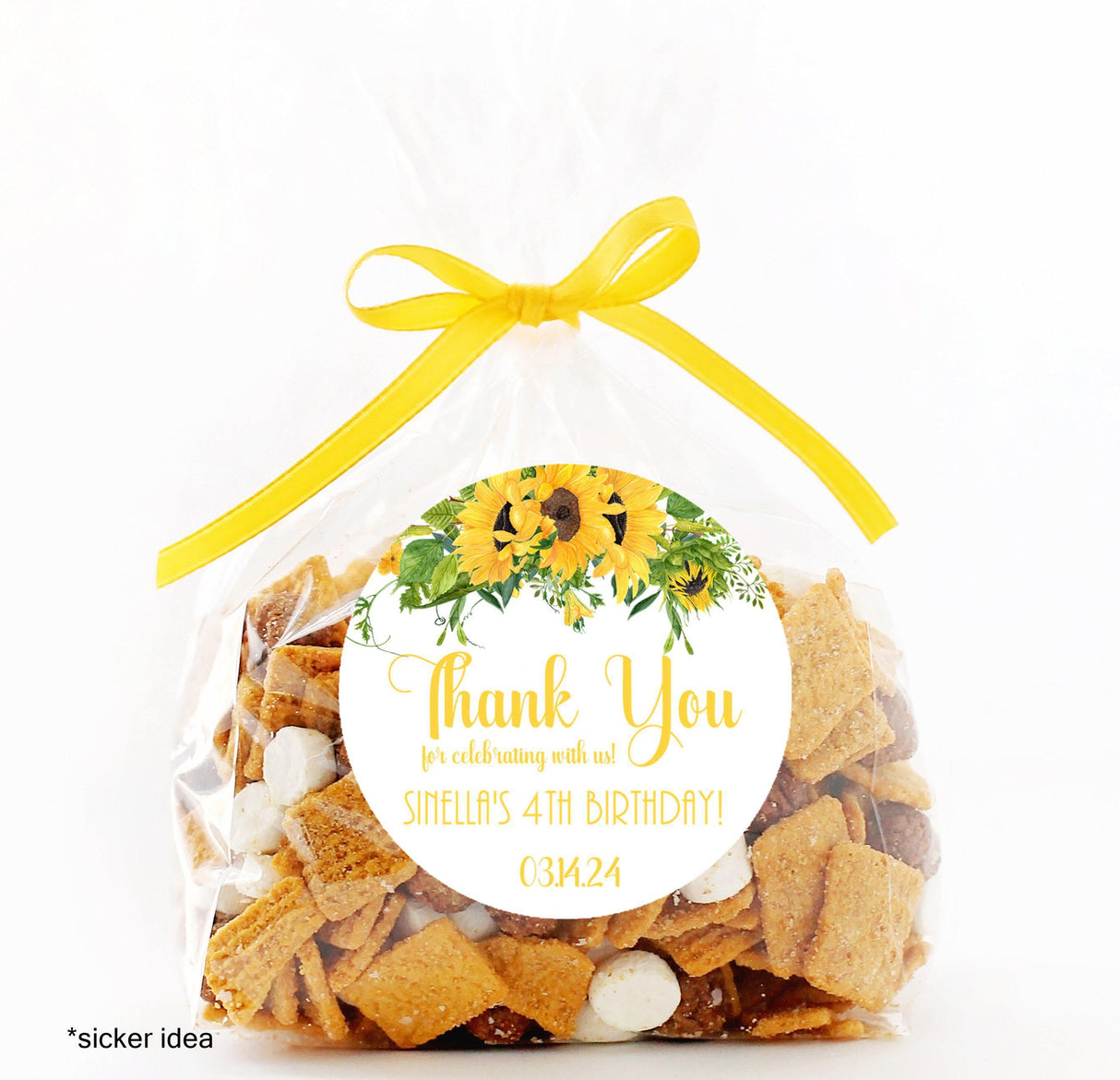 Custom sunflower party favor label with yellow floral design