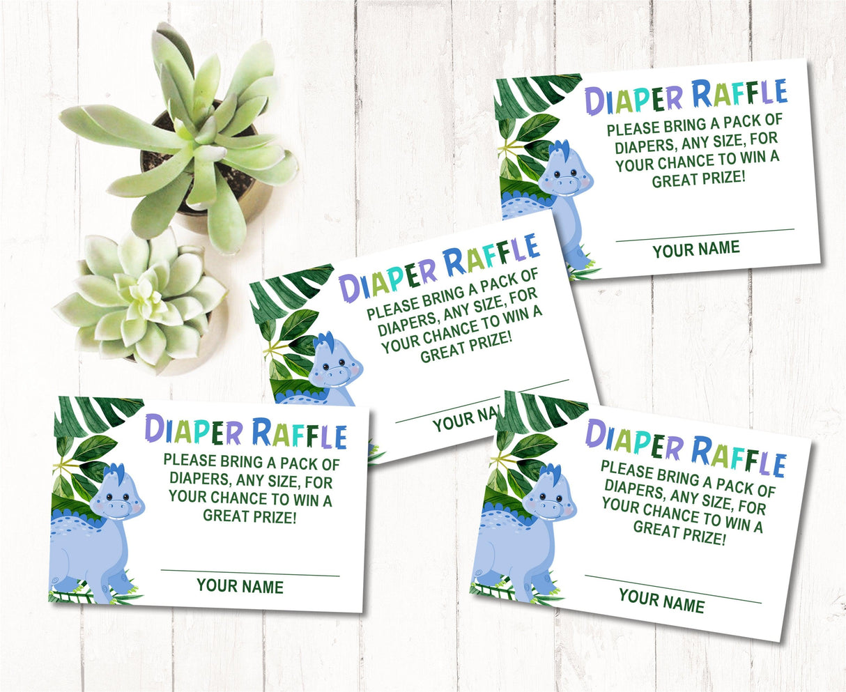 Cute Blue Dinosaur Diaper Raffle Printable with Tropical Leaves