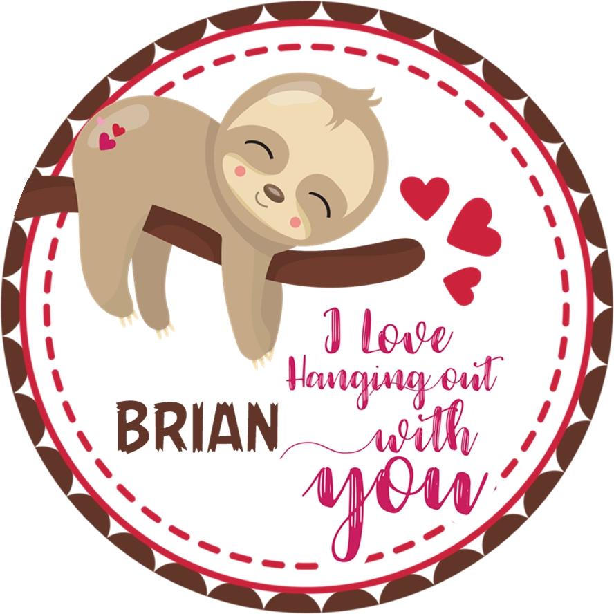Cute brown sloth hanging with hearts kids Valentine label