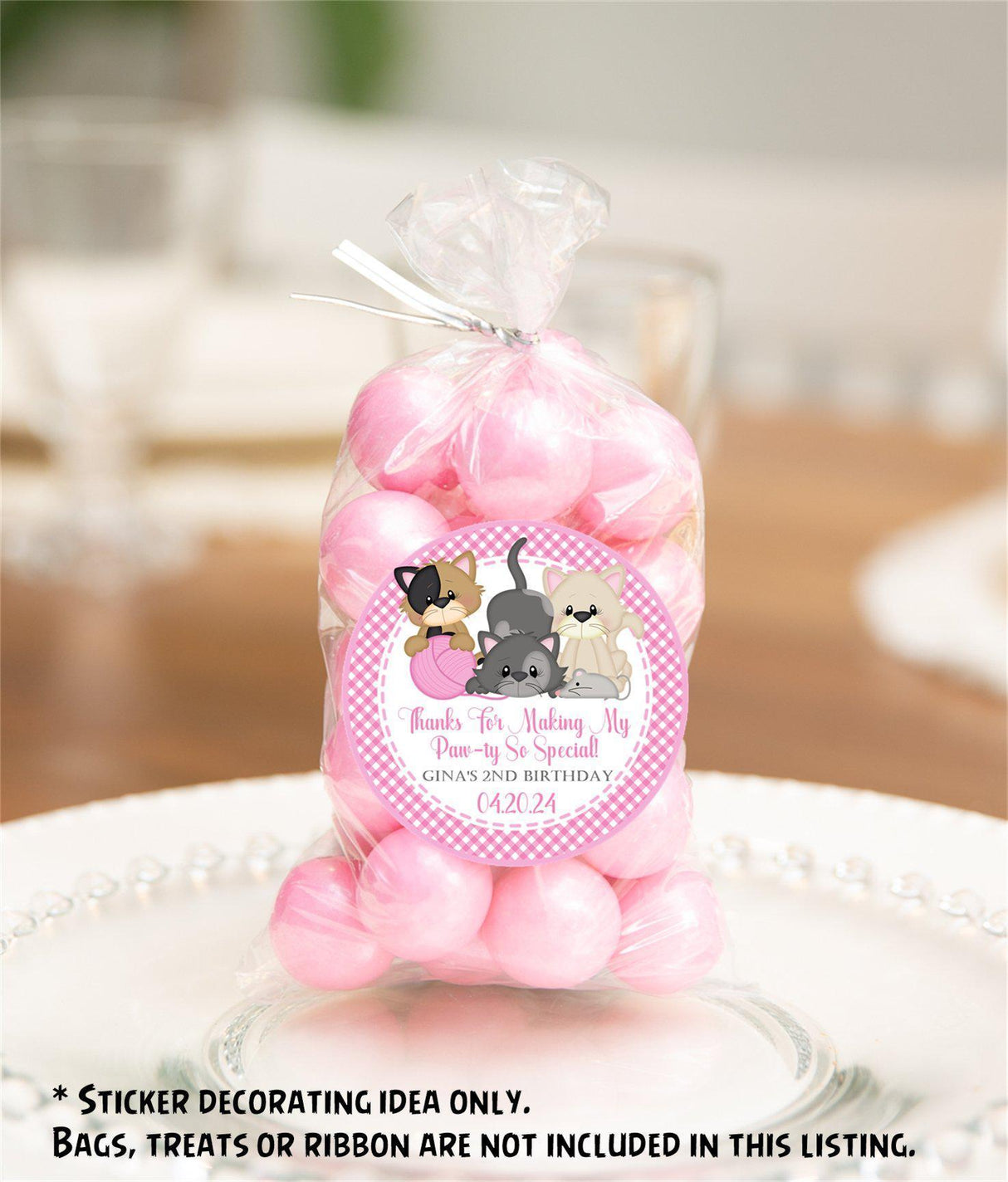 Cute cat party label featuring yarn and kittens
