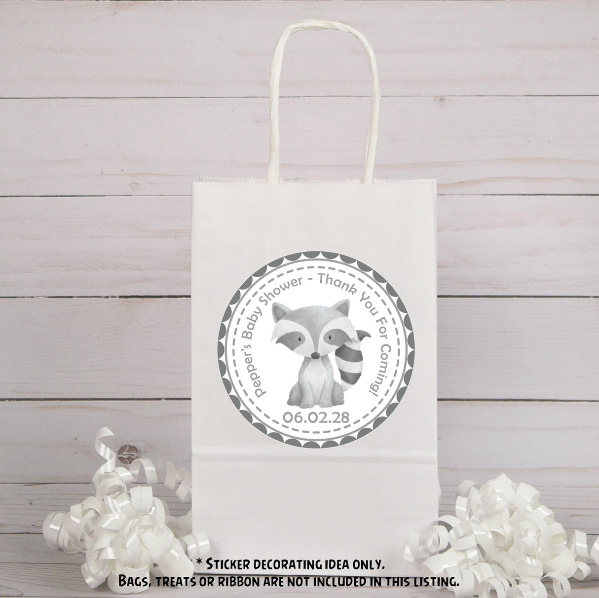 Cute raccoon baby shower stickers for woodland theme