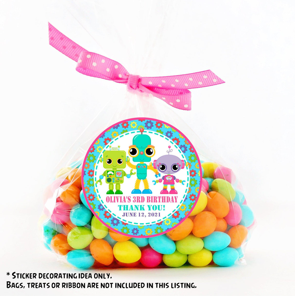Cute robot party favor label in pink and teal