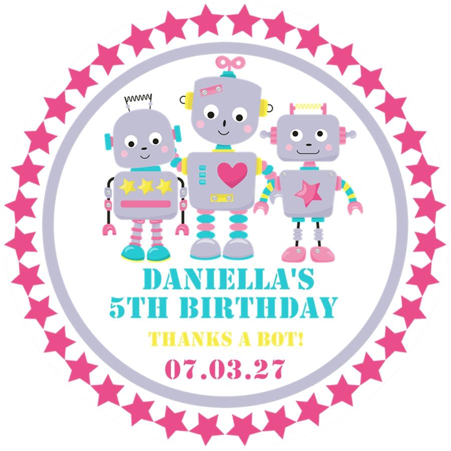 Cute robot party favor label with three colorful girl robots