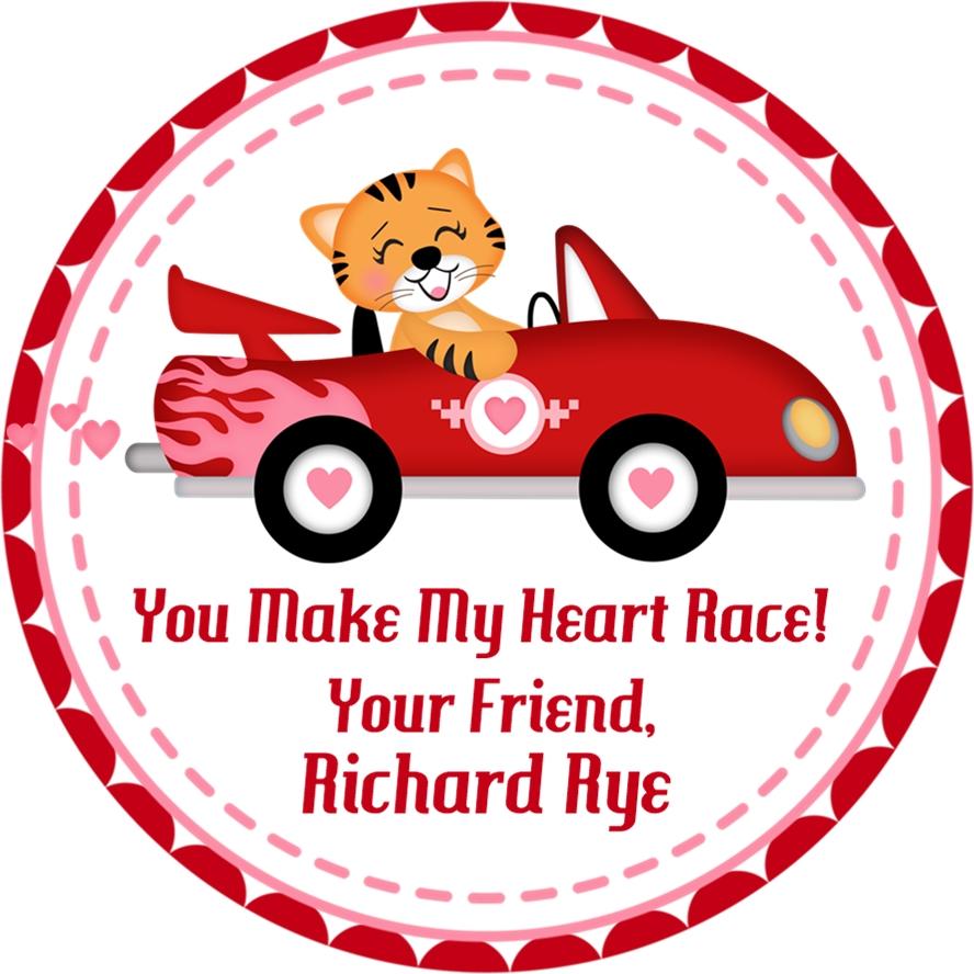 Cute tiger driving red racecar Valentine favor label
