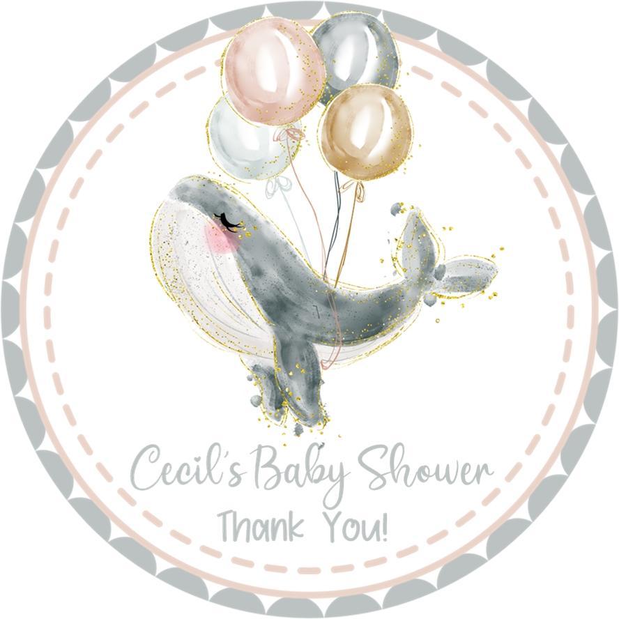 Dark gray whale baby shower sticker with balloons