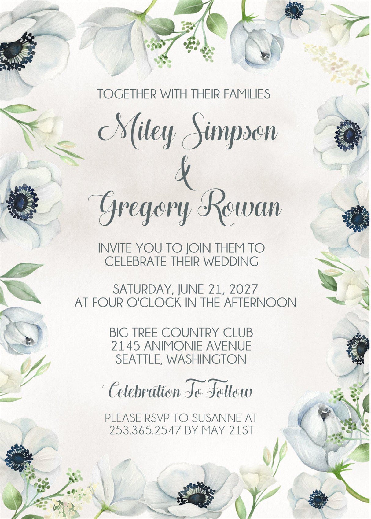 Dusty blue wedding invitation with anemone flowers and elegant floral border design