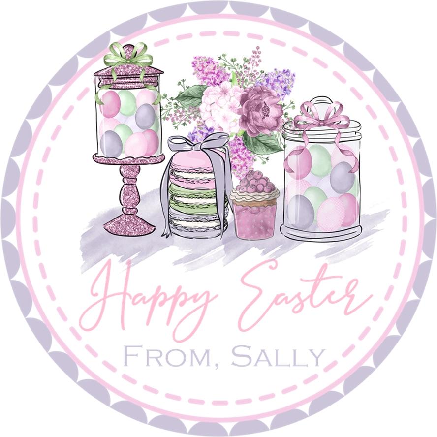 Easter sticker featuring pastel dessert table with macarons and candy jars