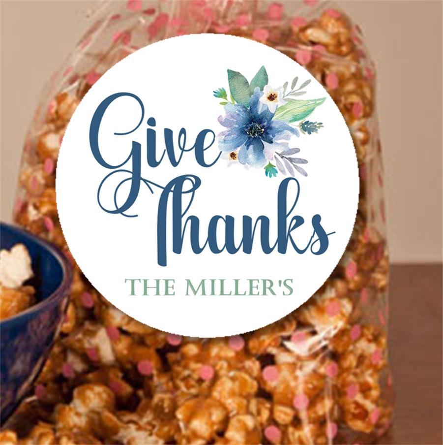 Elegant Thanksgiving favor label featuring blue watercolor florals