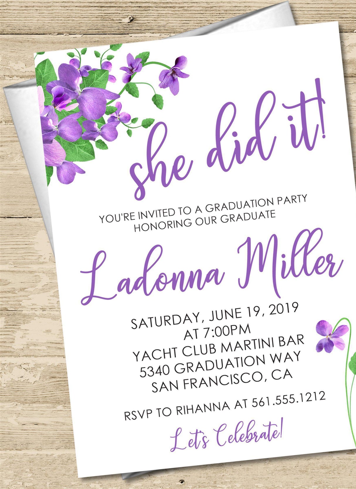 Elegant purple floral graduation party invite