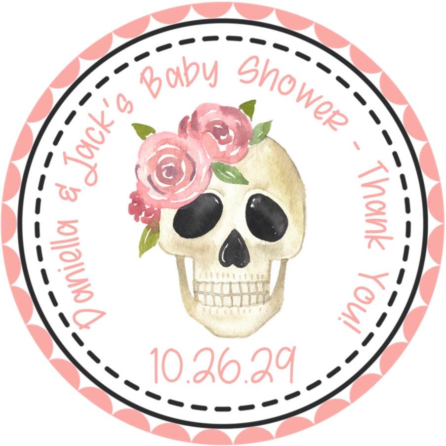 Elegant spooky baby shower sticker in pink tones