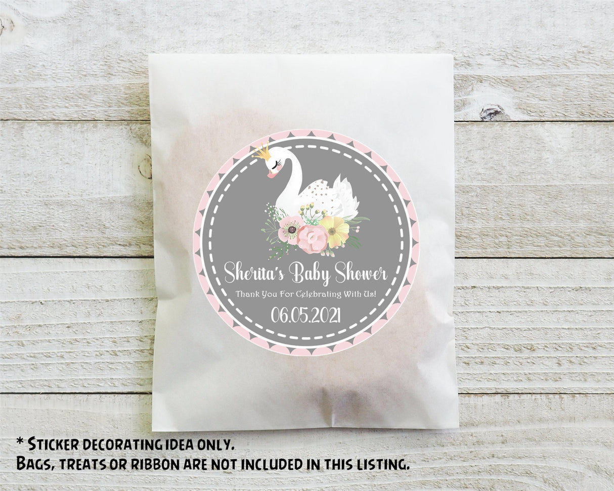 Elegant swan favor label in gray and pink