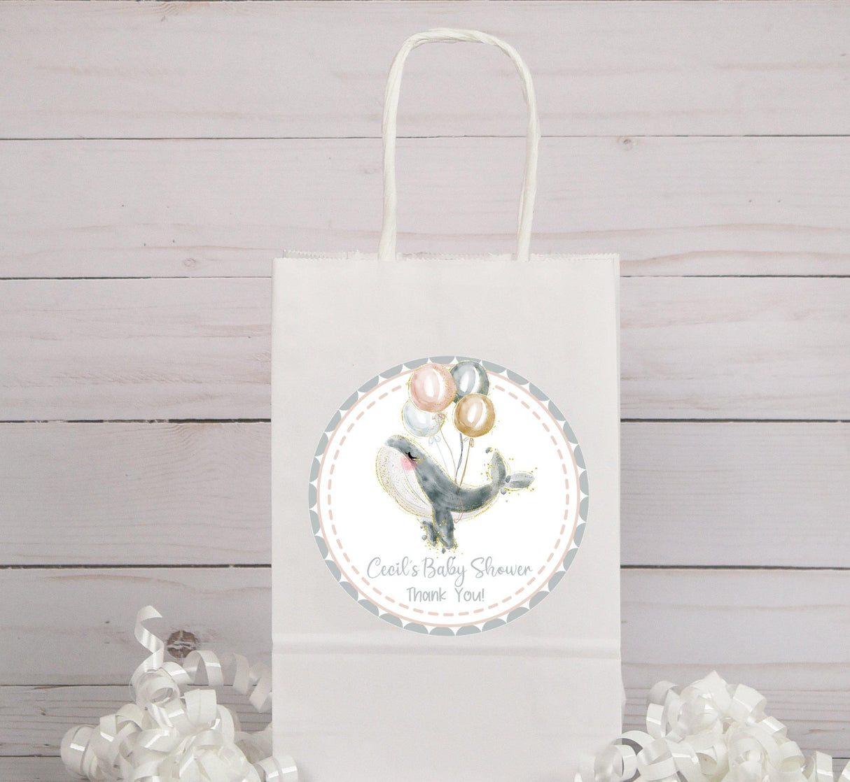 Elegant whale baby shower favor label