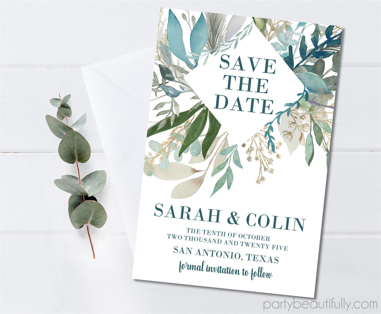 Eucalyptus And Blue Wedding Save The Date Cards