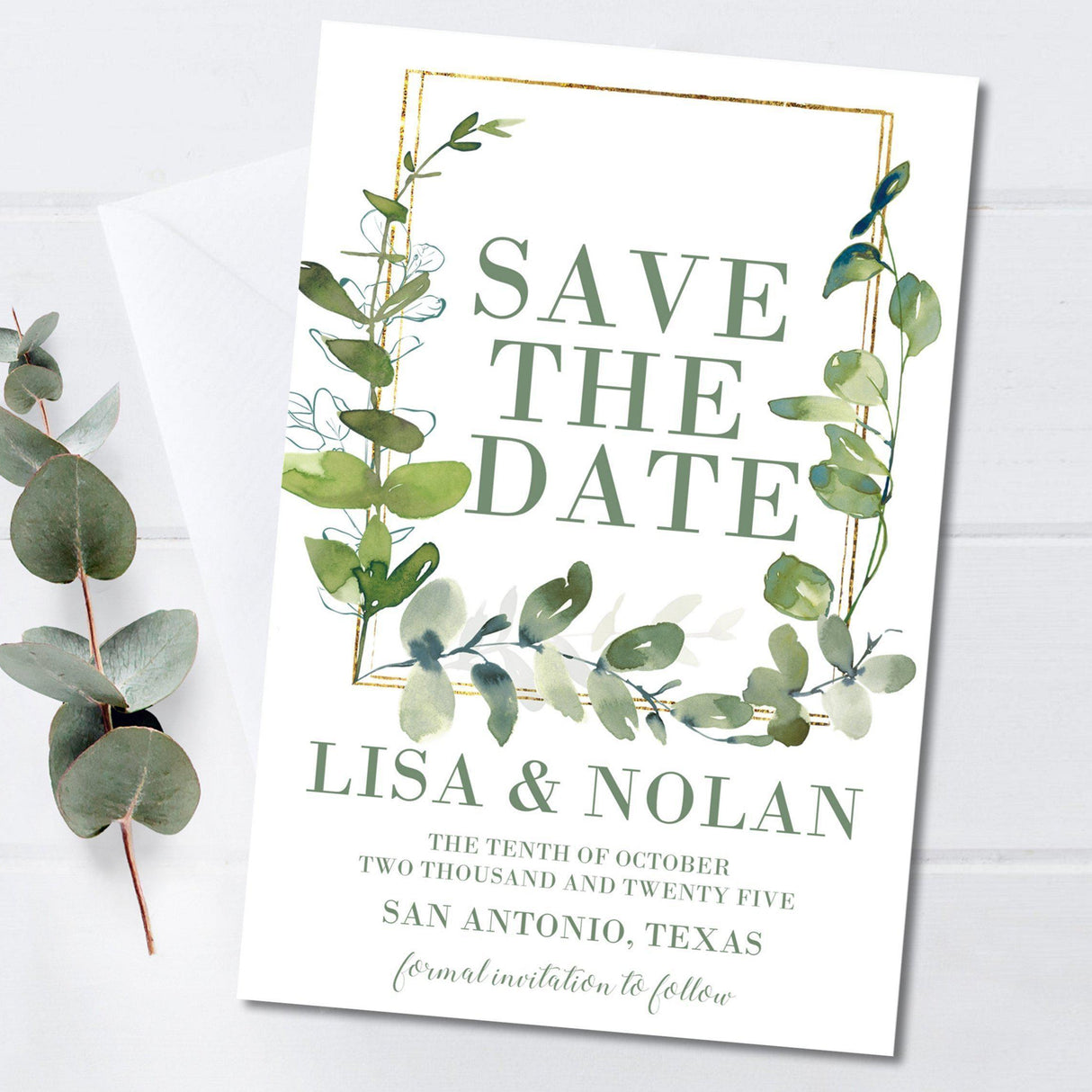 Eucalyptus gold wedding save the date cards