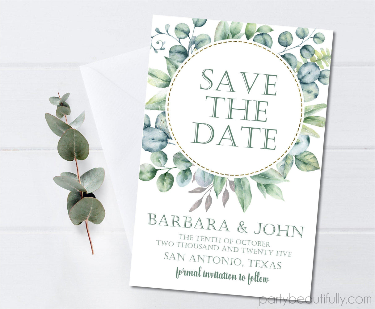 Eucalyptus rustic save the date cards