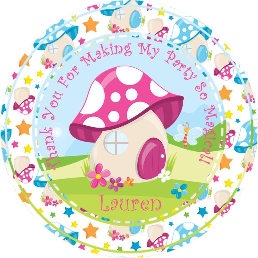 Fairy birthday sticker with colorful mushroom house