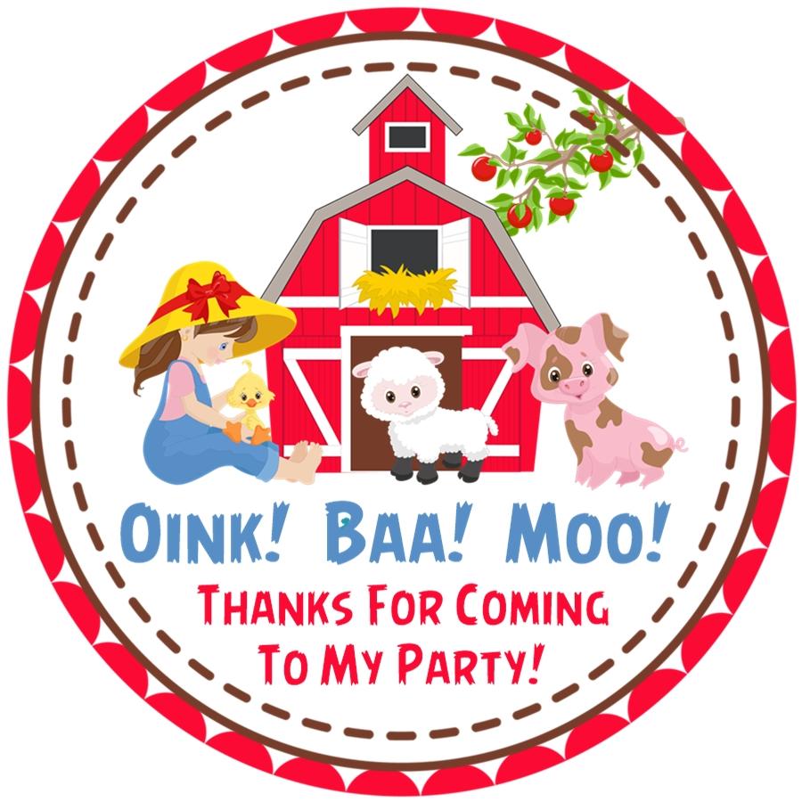 Farm girl barnyard birthday sticker with red barn and animals