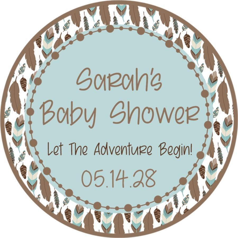 Feather tribal baby shower sticker with turquoise and brown design.
