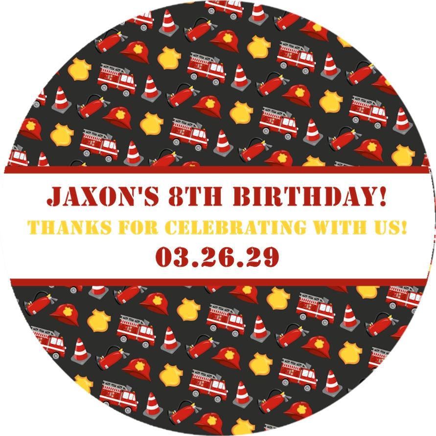 Firetruck and firefighter badge pattern birthday favor label