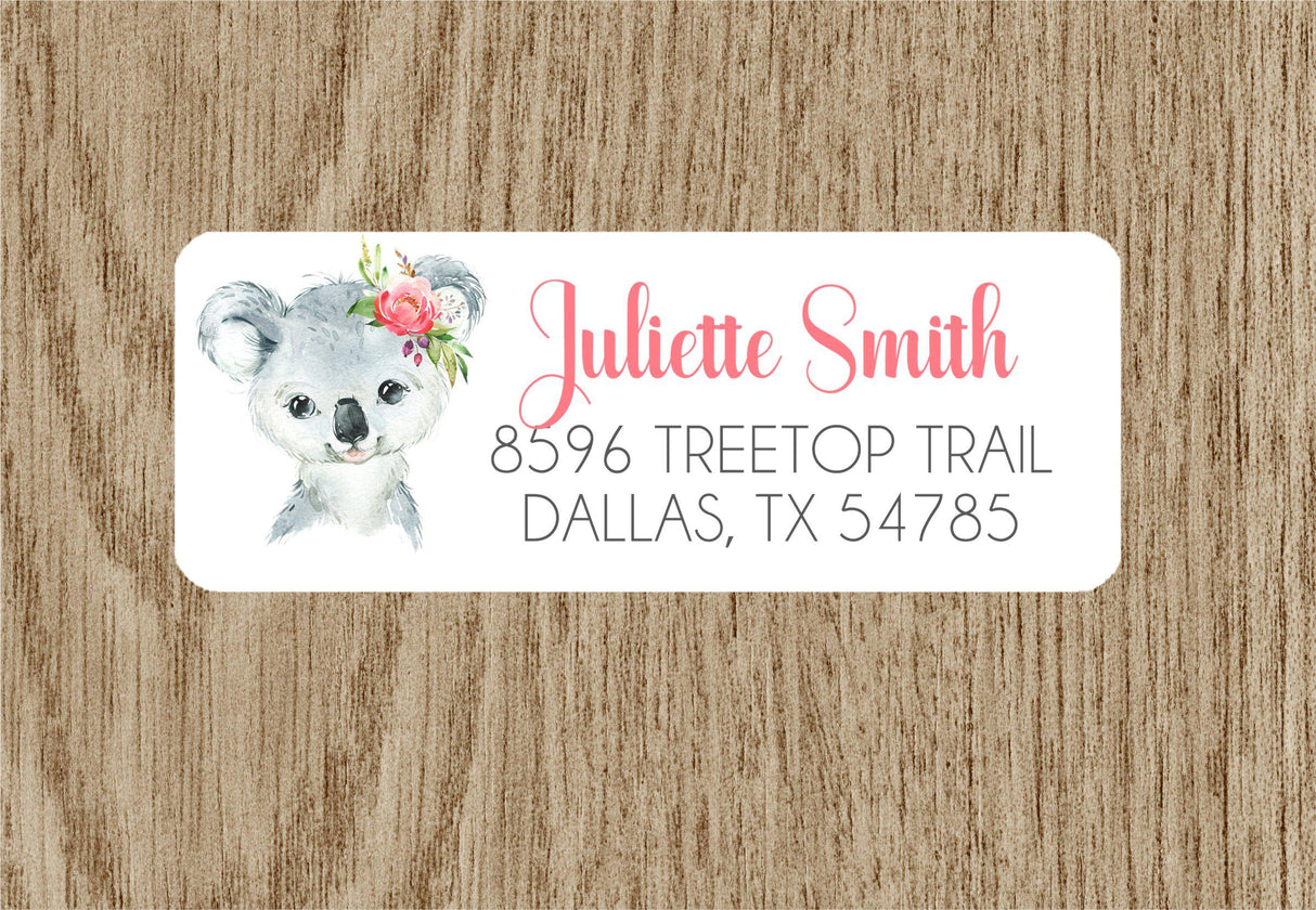 Floral koala address labels with personalized name and address