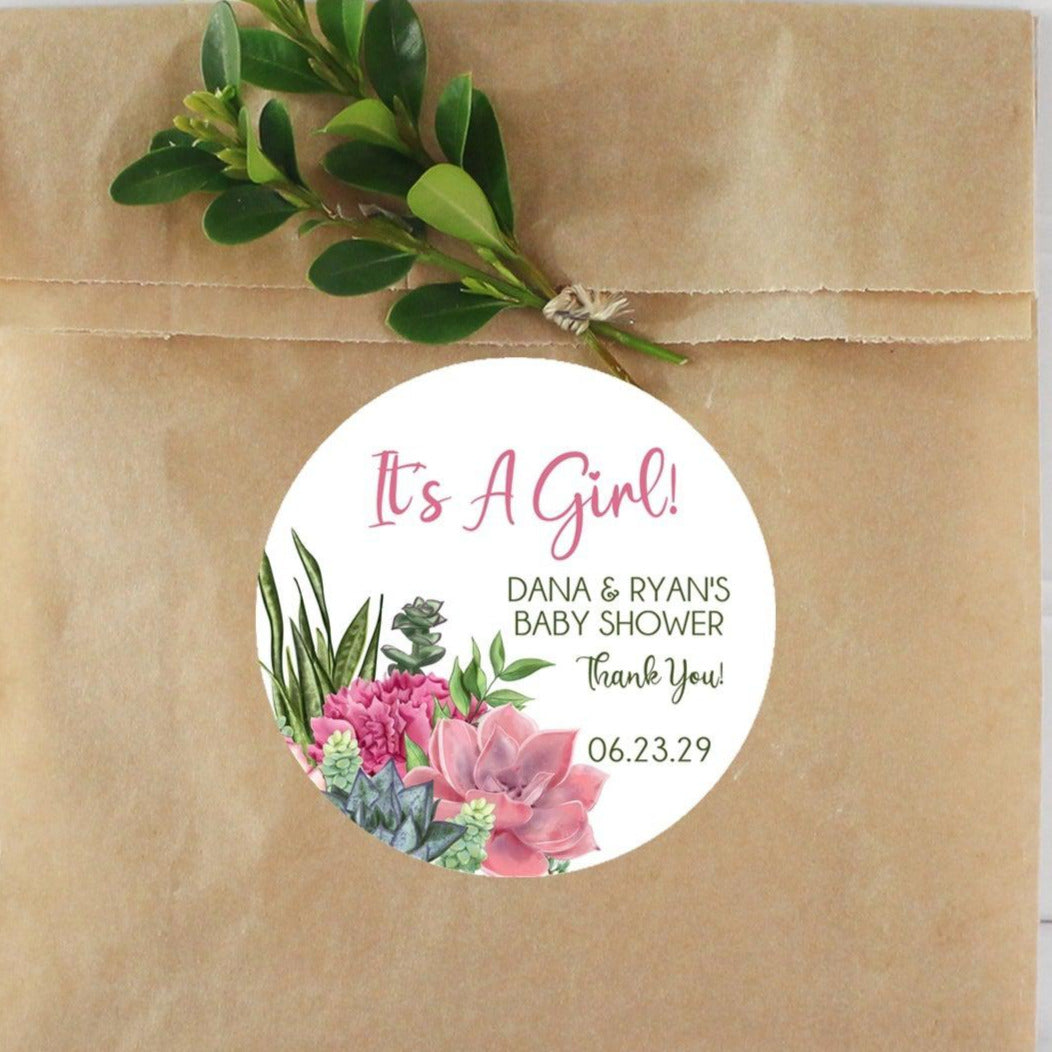 Floral succulent baby shower sticker with pink and green cactus