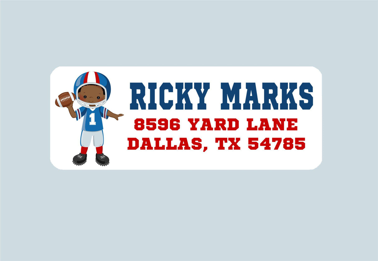 Football return address labels with blue football player illustration