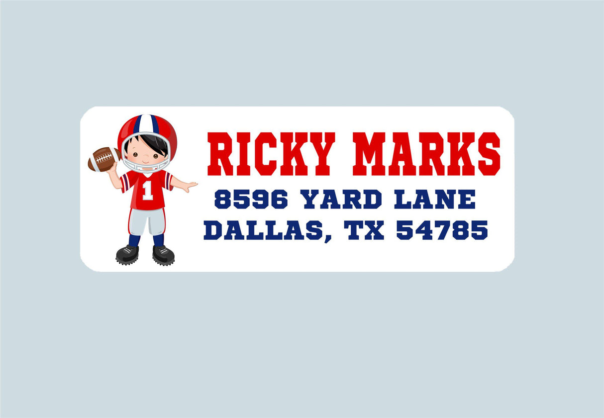 Football return address labels with red football player illustration