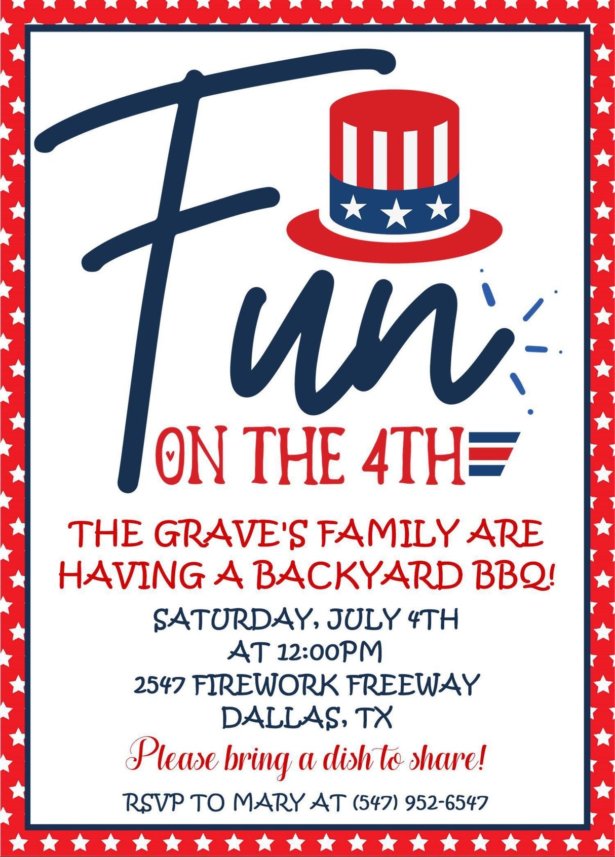 Fun on the 4th patriotic July 4th BBQ invitation