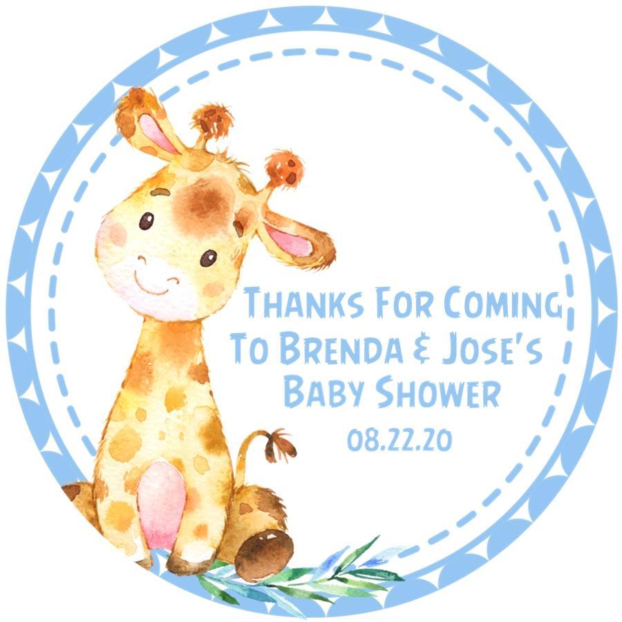 Giraffe baby shower sticker with blue border and watercolor design