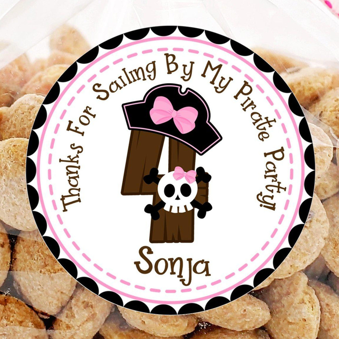 Girl pirate party favor label with wooden number design