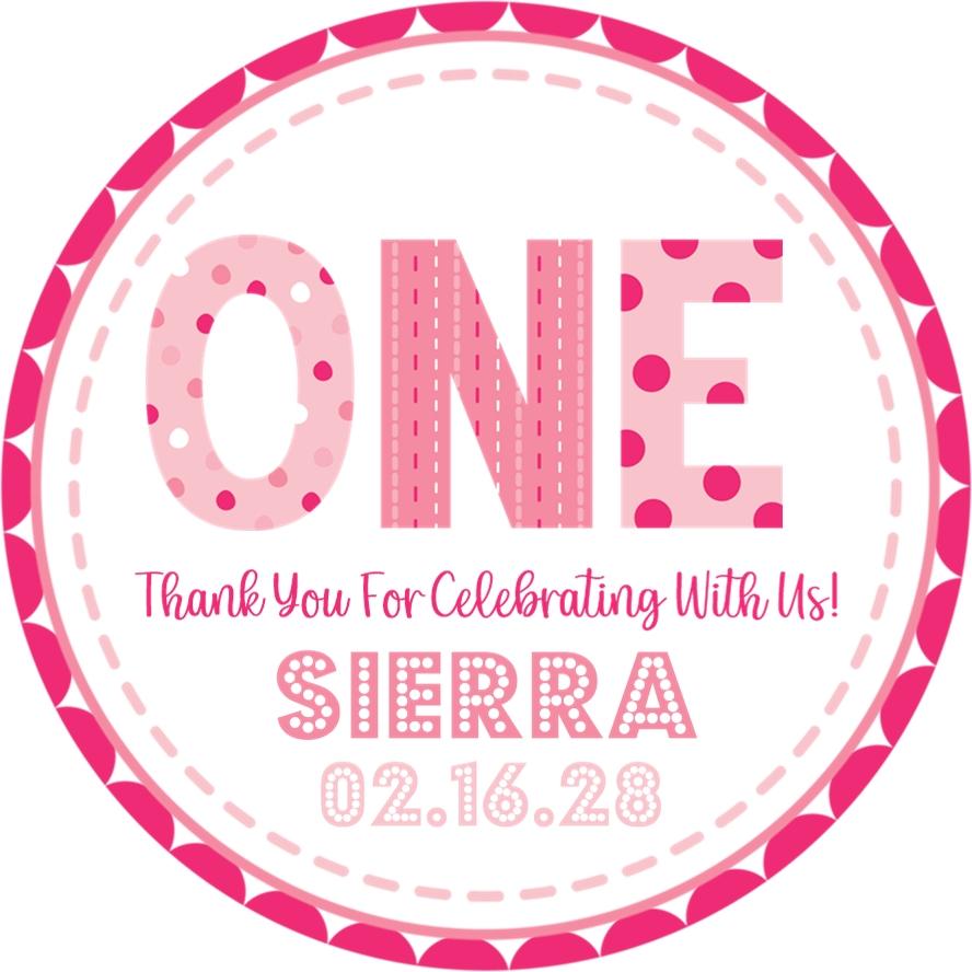 Girl’s pink ONE party favor label