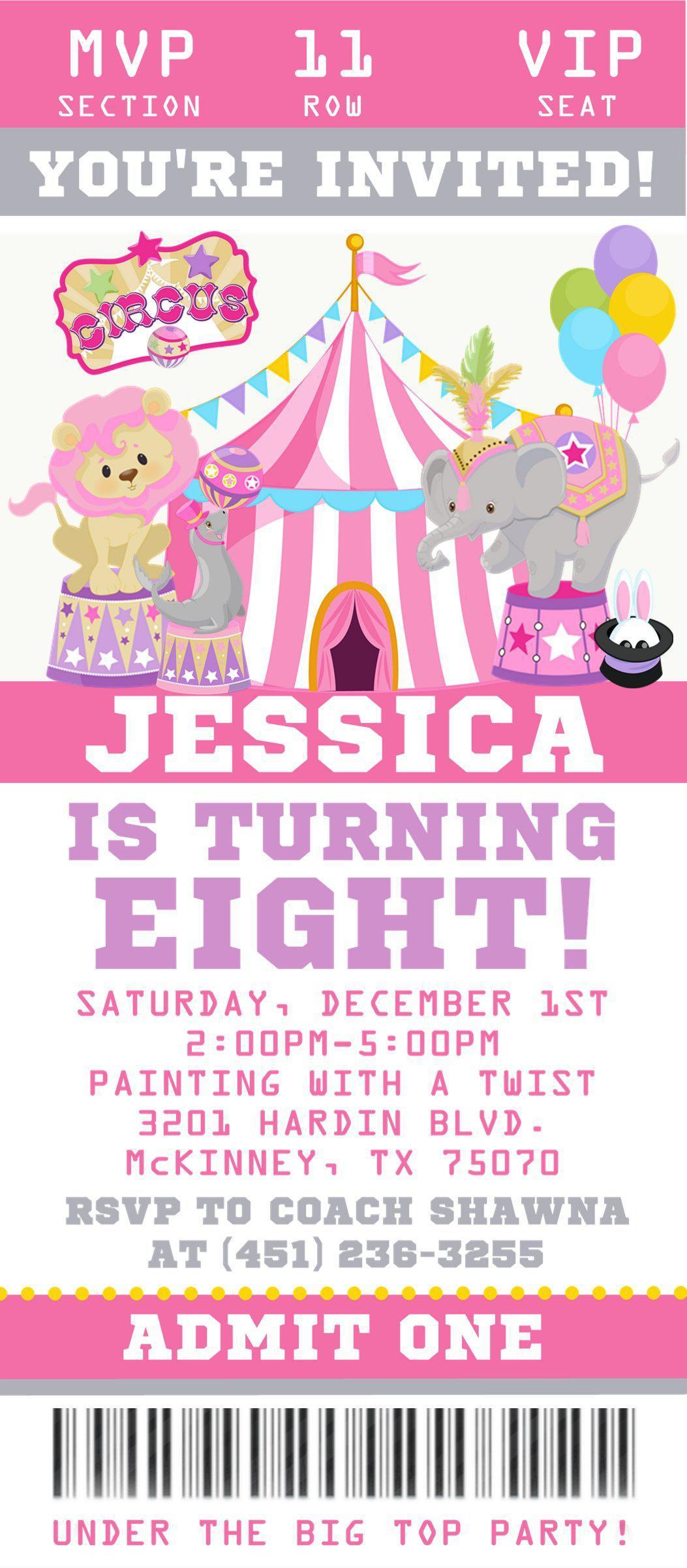 Girls Circus Birthday Party Ticket Invitations