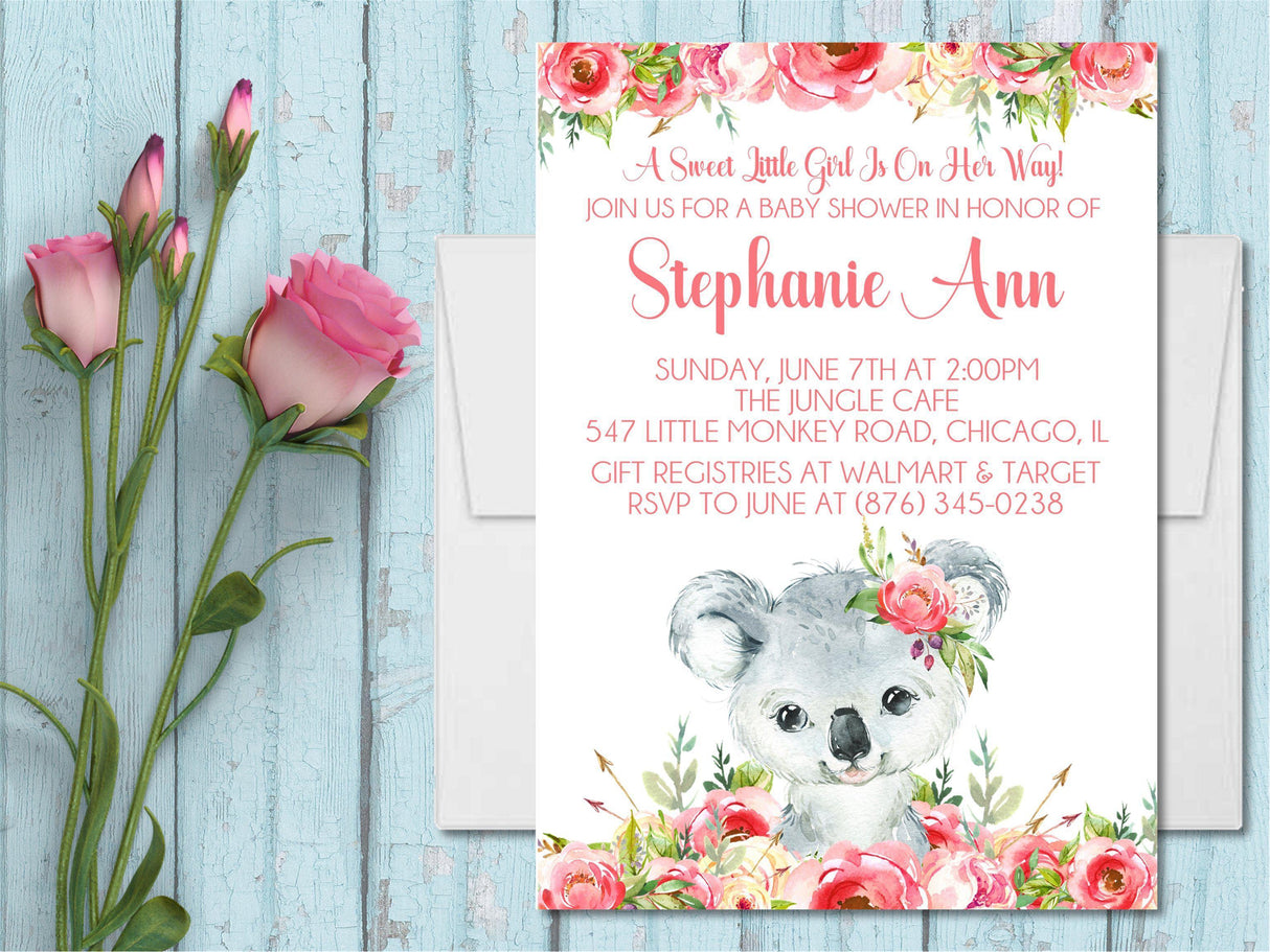 Girls Koala Baby Shower Invitations