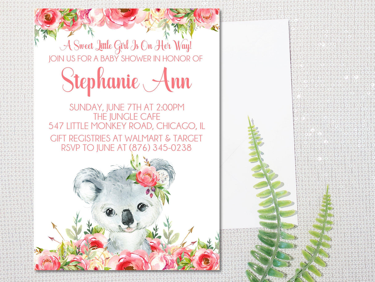 Girls Koala Baby Shower Invitations