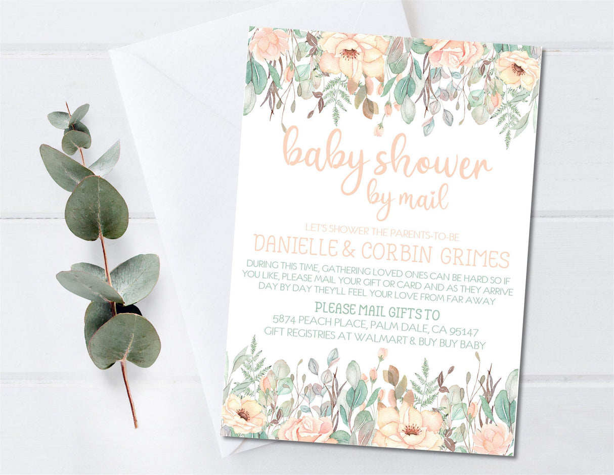 Girls Peach And Sage Floral Baby Shower By Mail Invitations
