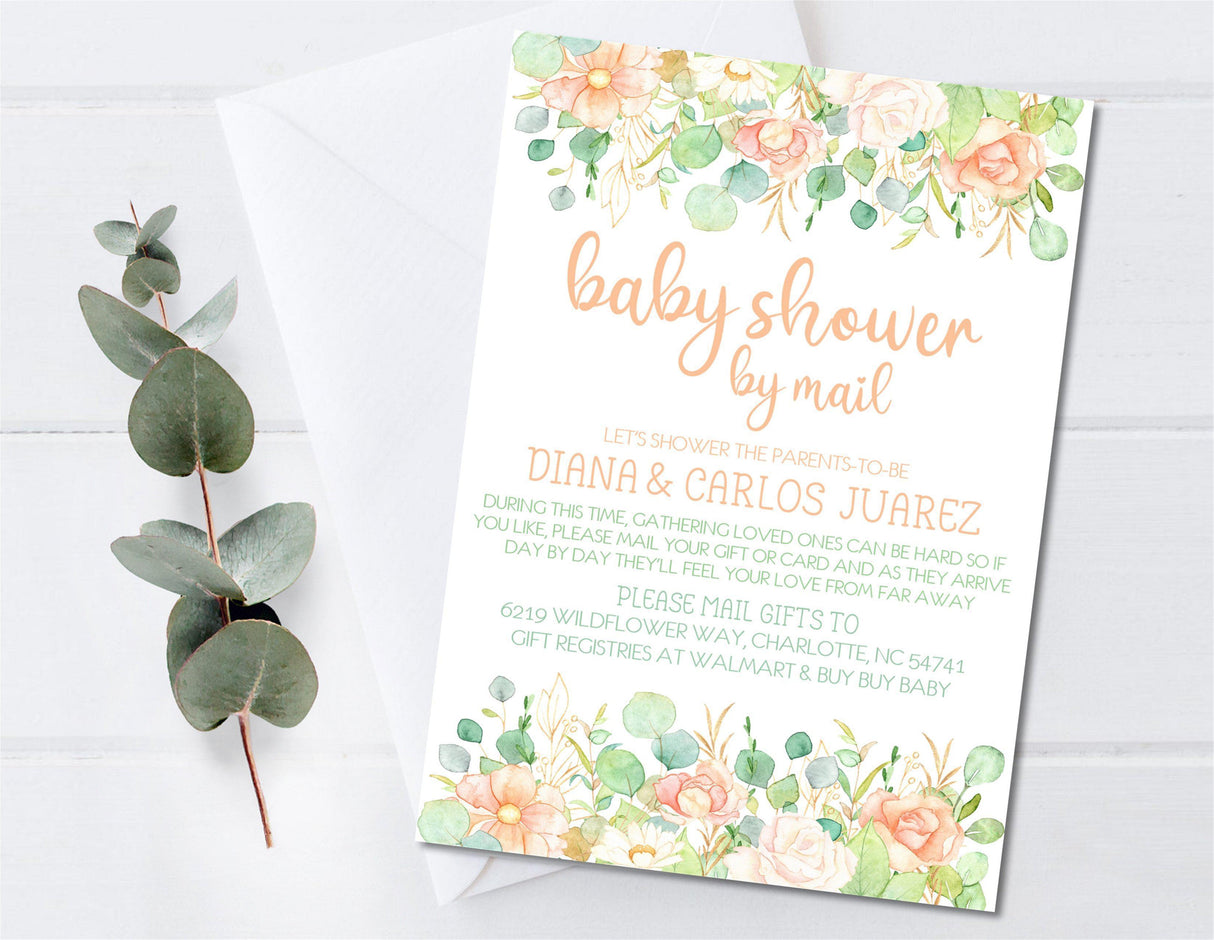 Girls Peach Floral Baby Shower By Mail Invitations