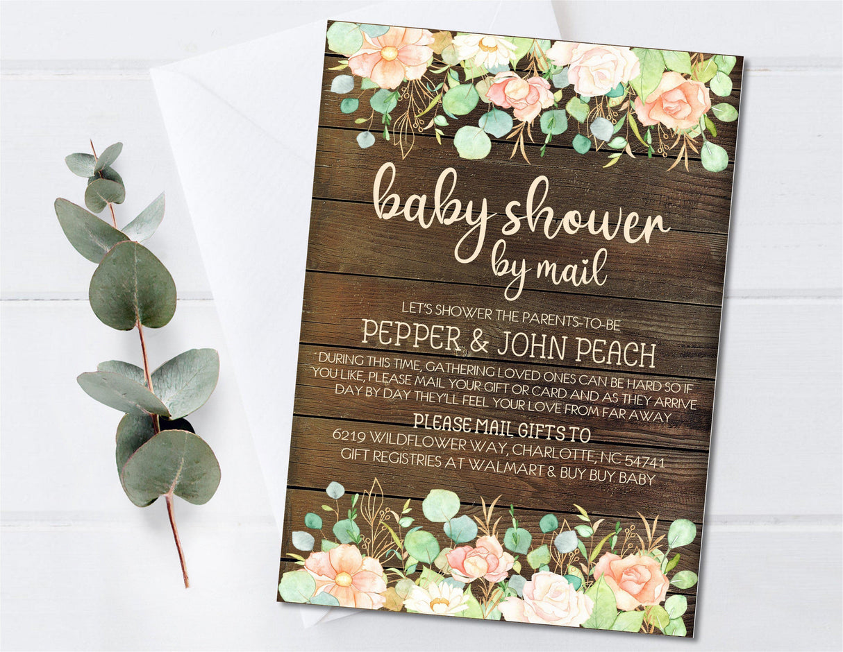 Girls Rustic Peach Floral Baby Shower By Mail Invitations