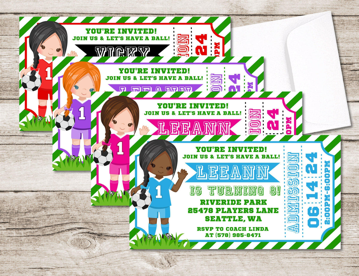 Girls Soccer Birthday Party Ticket Invitations