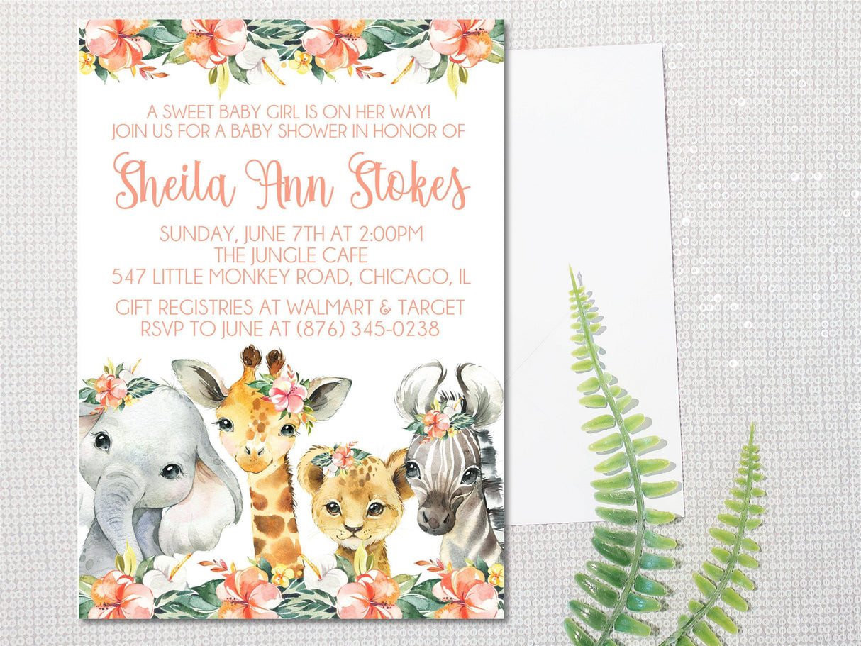 Girls Tropical Safari Animals Baby Shower Invitations