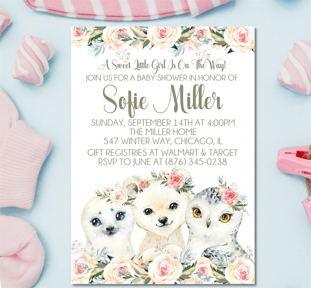 Girls Winter Arctic Animals Baby Shower Invitations