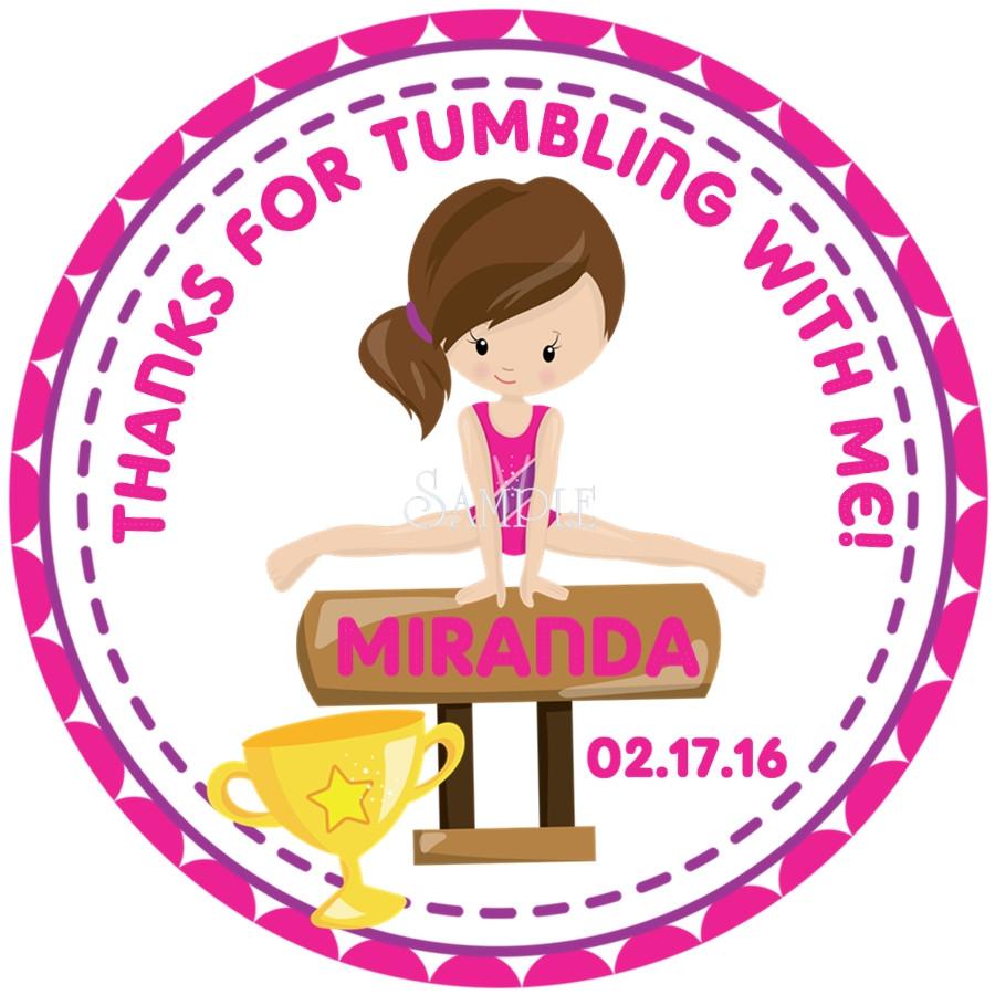 Girls gymnastics birthday sticker with pink border and bench pose