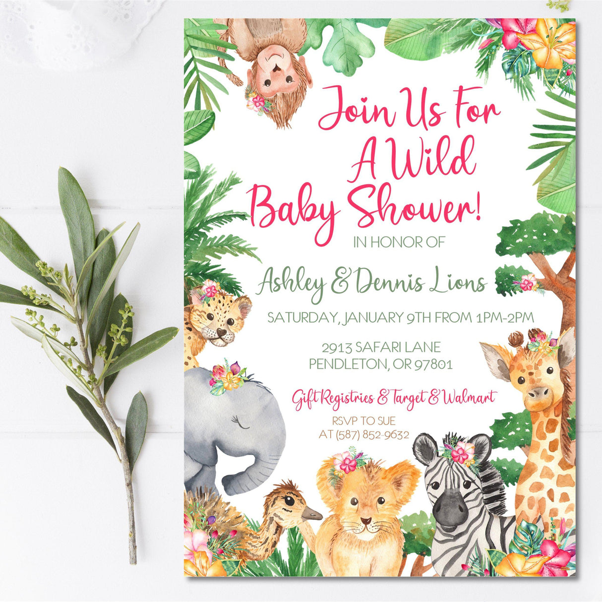 Girls safari animals baby shower invitations