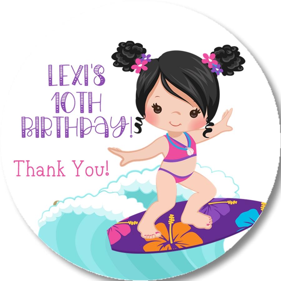 Girls surfing birthday sticker with surfer girl riding waves