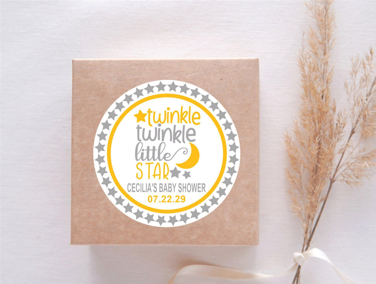 Gray and yellow star baby shower sticker with modern design