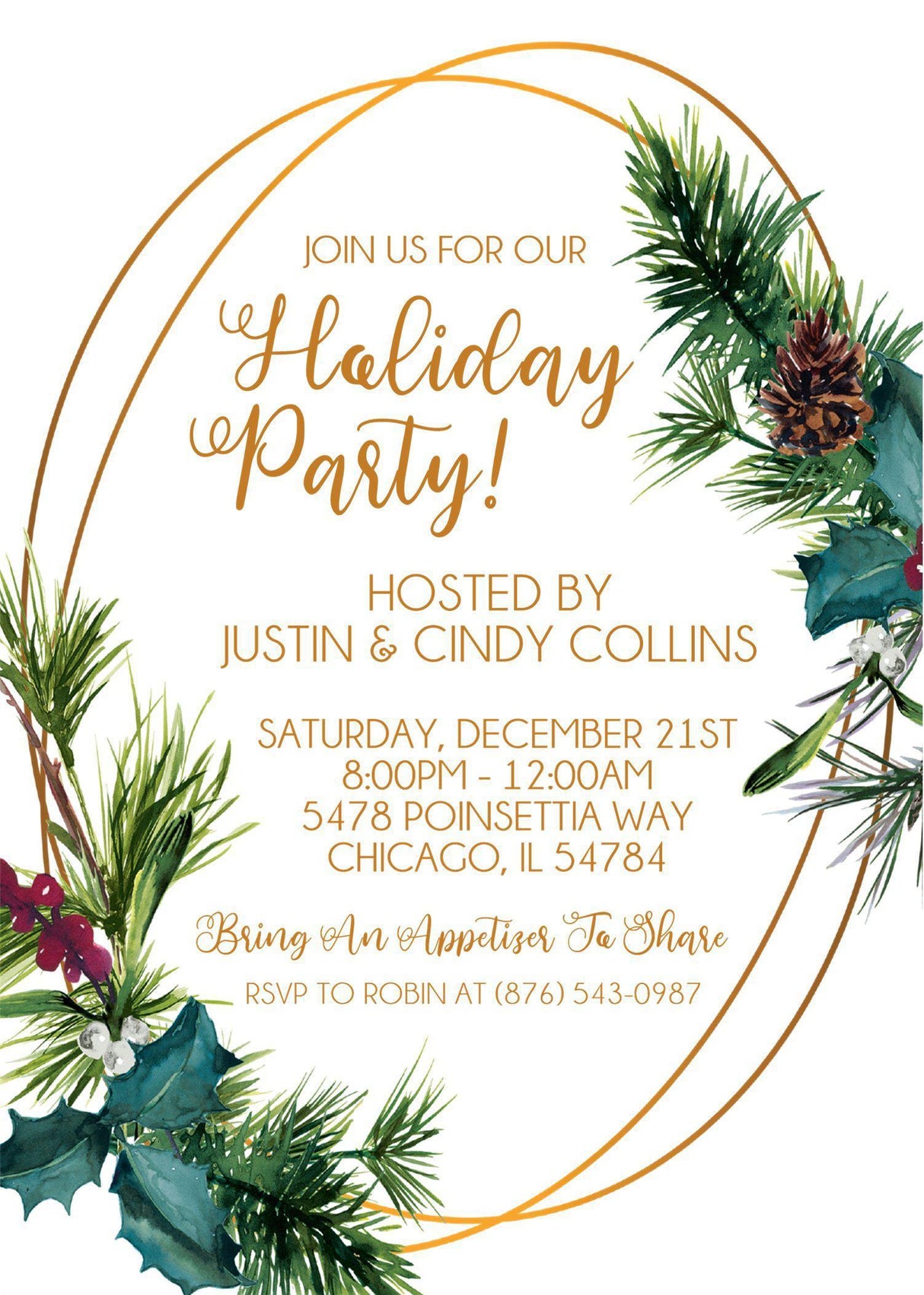 Green Pine & Gold Christmas Or Holiday Party Invitations