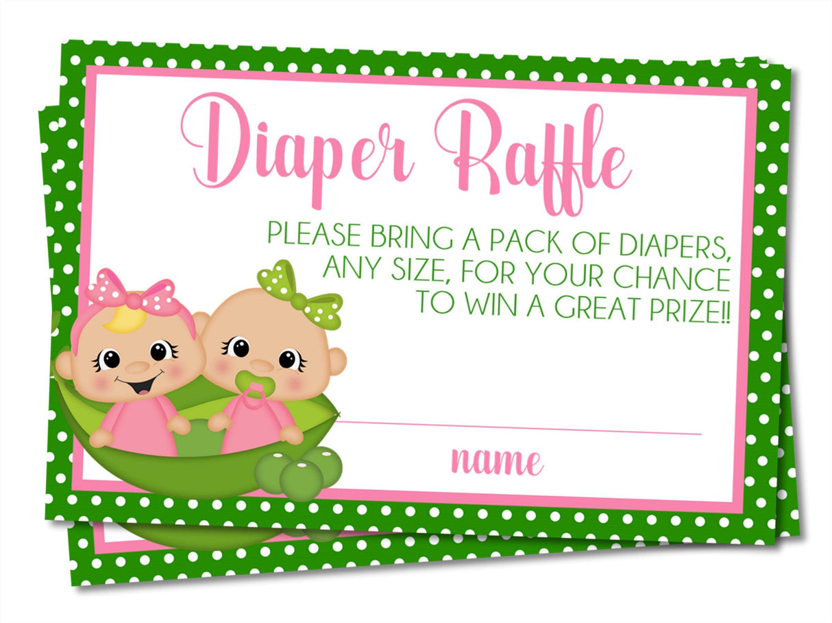Green Polka Dot Twin Girls Baby Shower Diaper Raffle Sign and Tickets