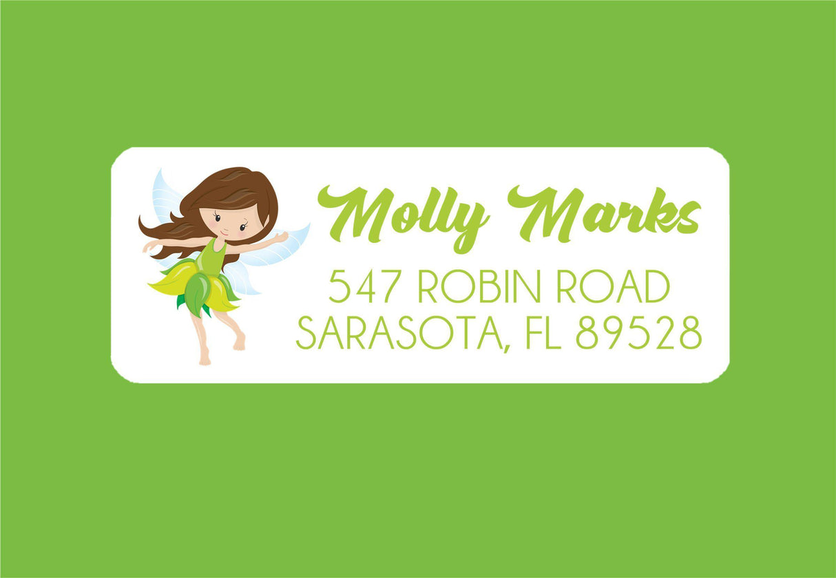 Green fairy return address labels with whimsical fairy illustration