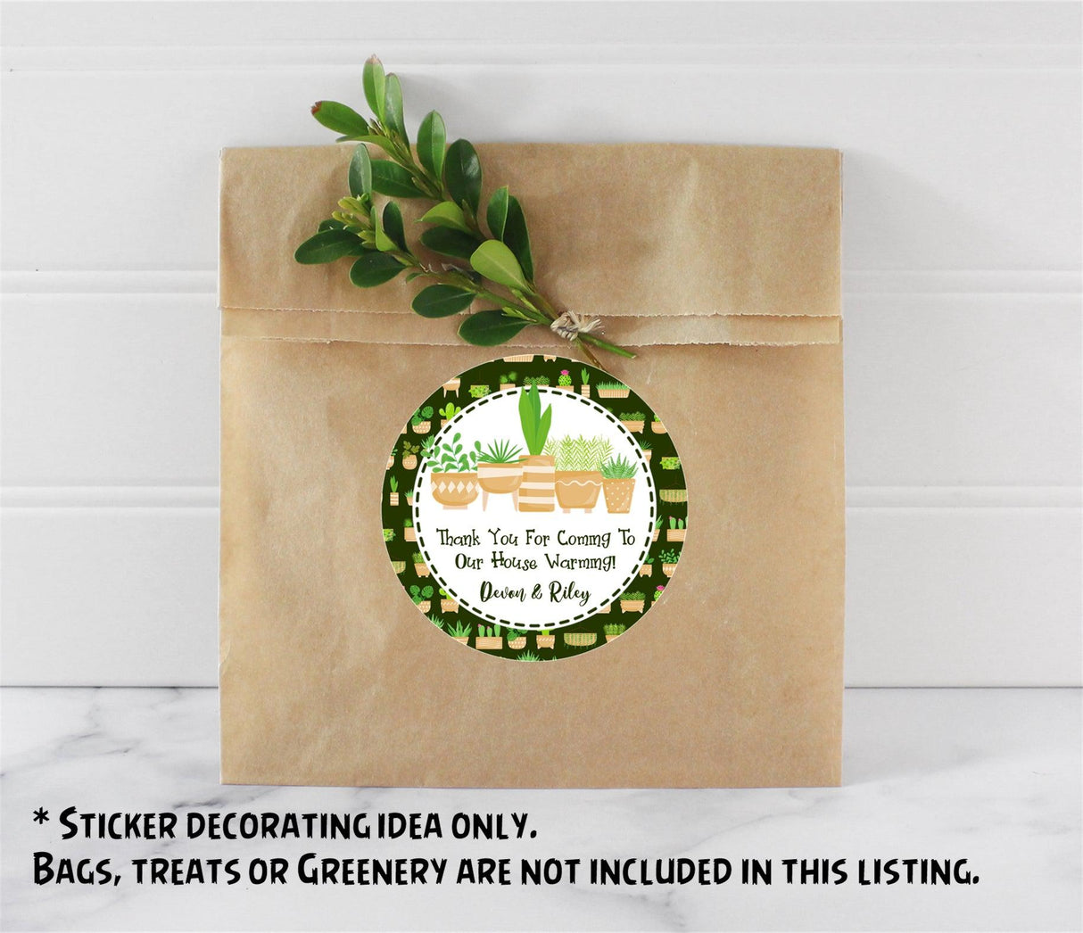 Personalized plant pot housewarming favor sticker – green design